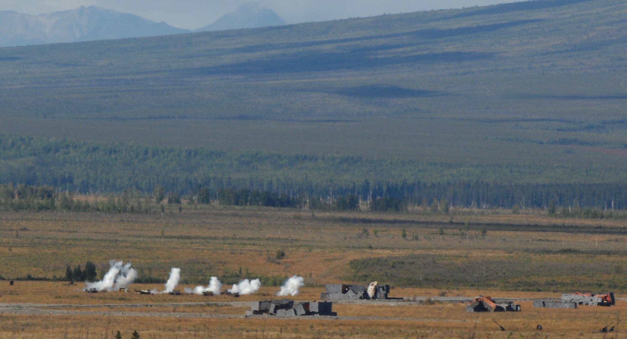 An A-10 Thunderbolt II targets simulated threats over the Joint Pacific Alaskan Range Complex Red-Flag Alaska 10-4 August 12, 2010, Eielson Air Force Base, Alaska. The JPARC is set up with sensors in the ground to score the hits during close-air-support training missions. (U.S. Air Force photo/Airman 1st Class Laura Goodgame)