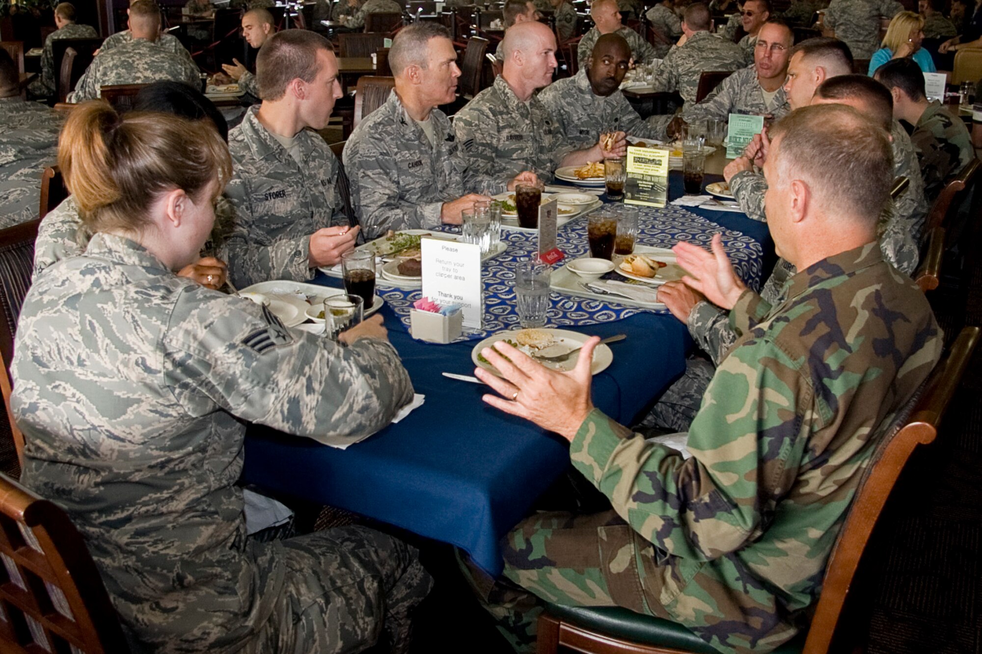 GRISSOM AIR RESERVE BASE, Ind. -- Col. William T. "Tim" Cahoon, 434th Air Refueling Wing commander, has lunch with several of Grissom's maintenance Airmen during the August unit training assembly. Colonel Cahoon plans to have lunch with a different group of Airmen each UTA. Also present at the August luncheon were Col. Timothy Cox, 434th ARW vice commander, and Chief Master Sgt. Larry Brady, 434th ARW command chief. (U.S. Air Force photo/Tech. Sgt. Mark R. W. Orders-Woempner)