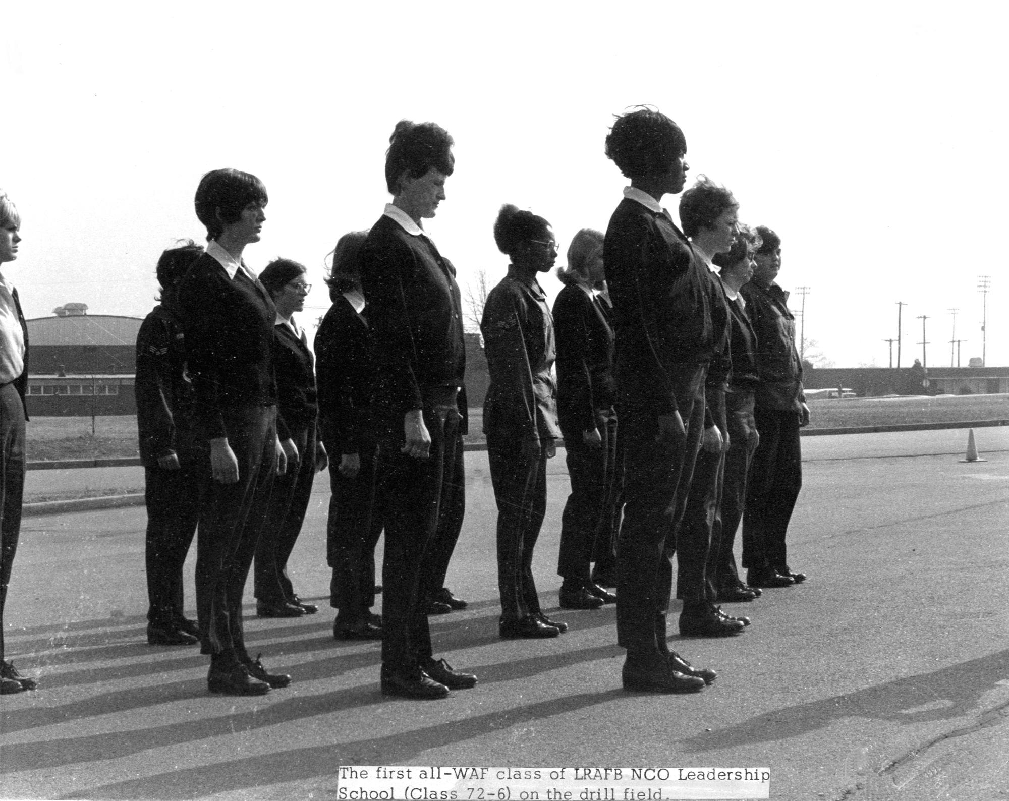 The first all-Women in the Air Force class of Little Rock Air Force Base NCO school (Class 72-6) on the drill field.