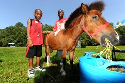 Zyquan Coles and Gary Godley pet Peanut the shetland pony from Blissful Dreams Stardust Horse Farm at the base picnic grounds on Joint Base Charleston, S.C., on Aug. 13, 2010. Blissful Dreams uses the bond between humans and animals to serve as a therapeutic experience for children and adults to build balance, confidence and muscle while riding and caring for the horses. Zyquan was a guest of Gary, who is the son of Tech. Sgt. David Godley who is a communication navigation maintenance instructor with the 437th Maintenance Operations Squadron. (U.S. Air Force Photo/Airman 1st Class Lauren Main) 