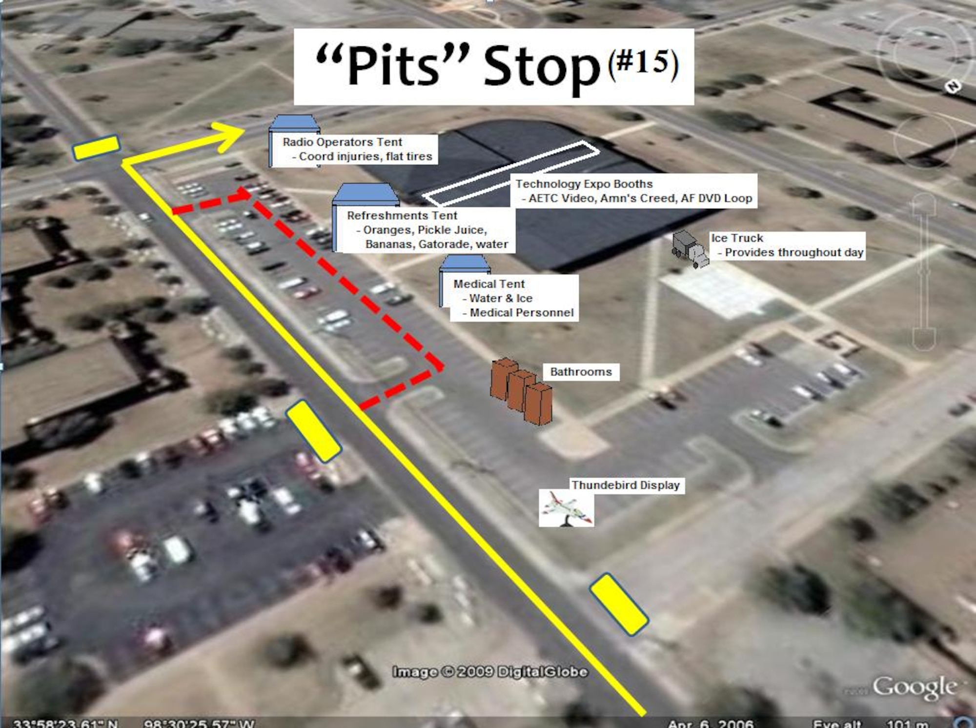 Sheppard’s Hotter ‘n Hell Hundred “Pits” Stop will be a rest stop Aug. 28 at the Pitsenbarger Gym parking lot which will have medical support available, a static Thunderbird aircraft display, technology expos displays and a brief video showcasing Sheppard heritage.  Sheppard will welcome an estimated 12,000 cyclists who will ride through two miles of the base during the 29th Annual Hotter ‘N Hell Hundred bike race.  (U.S. Air Force courtesy graphic)