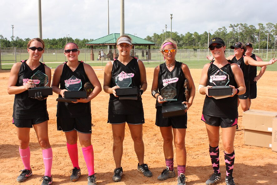 All Tournament Players from the 139th Airlift Wing pose with their trophies. Left to right: Rachel Malchose, Tiffany Beckett, Marilyn Rongey, Jill Johnson, Tanya Douglans. The 45th annual Air National Guard Softball trournament was held in Panama City, Florida, August 12 - 15, 2010. (U.S. Air Force photo by Lt.Col. Carl Johnson)