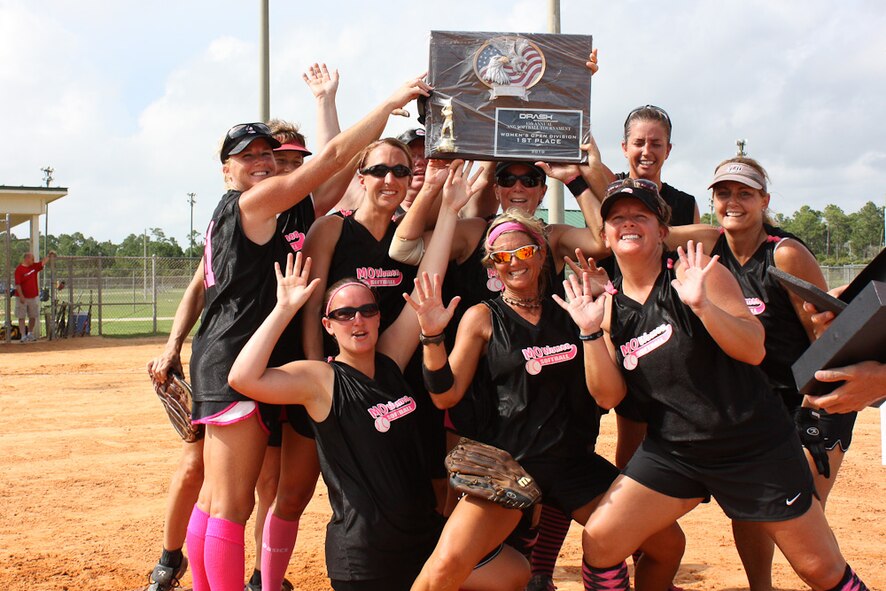 The 139th Airlift Wing Women's team celebrates with their Championship trophy. The 45th annual Air National Guard Softball trournament was held in Panama City, Florida, August 12 - 15, 2010. (U.S. Air Force photo by Lt.Col. Carl Johnson)