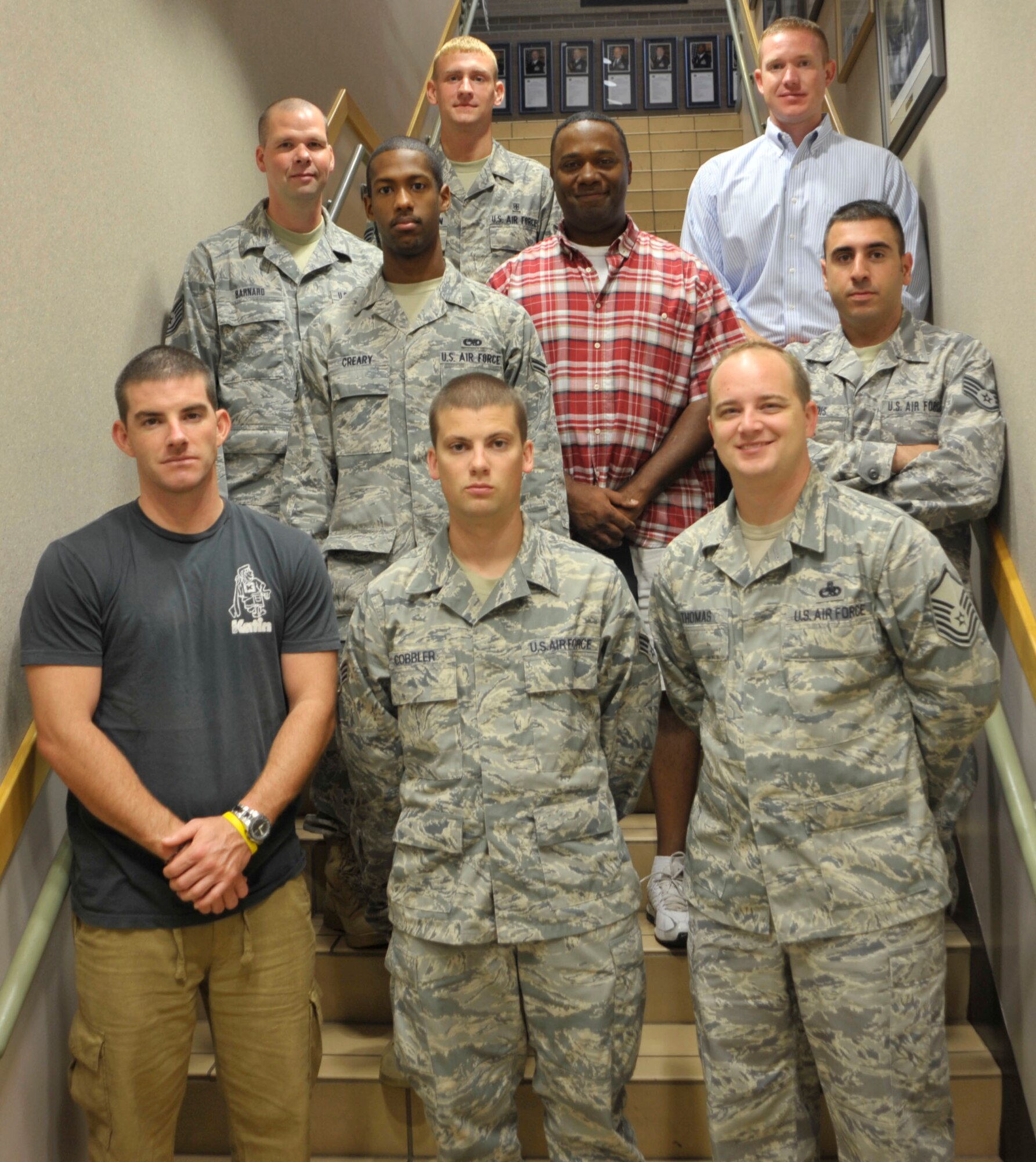 August 2010 Newcomers to the 931st Air Refueling Group. Front row: Staff Sgt. Michael Waren, 18th Air Refueling Squadron, Senior Airman Brian Cobbler, 931st Maintenance Squadron, Master Sgt. Seth Thomas, 931st Aircraft Maintenance Squadron. Second Row: Airman First Class Carlton Creary, 931st AMXS, and Staff Sgt. Savvas Savvidis, 931st AMXS. Third row: Tech. Sgt. Shawn Barnard, 931st Mission Support Flight, and Senior Airman Herman Tuggle, 931st AMXS. Fourth row: Senior Airman Robert Blackburn, 931st Aerospace Medicice Flight and Staff Sgt. Carl Low, 18th ARS.