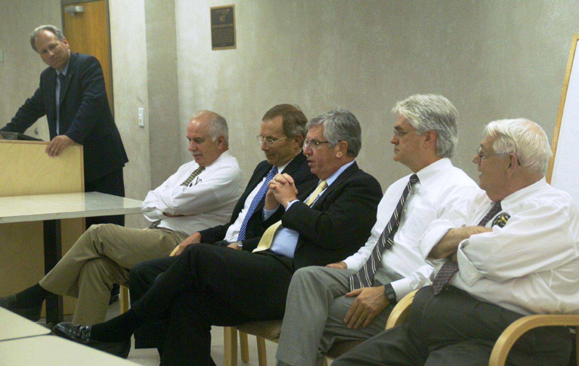 AEDC’s Peter Montgomery, who was the moderator for “lessons learned during a career in aerospace,” which was held at UTSI, looks on as AEDC Chief Technologist Dr. Ed Kraft answers a question from a member of the audience. To Dr. Kraft’s left are Steve Pearson, ATA deputy general manager and Don Sauvageau, ATK space systems director of advanced space programs, and to his right are Dr. David Elrod, ATA general manager, and Lowell Keel, former ATK vice president for X-programs and X-43 program manager. (Photo by Rick Goodfriend)