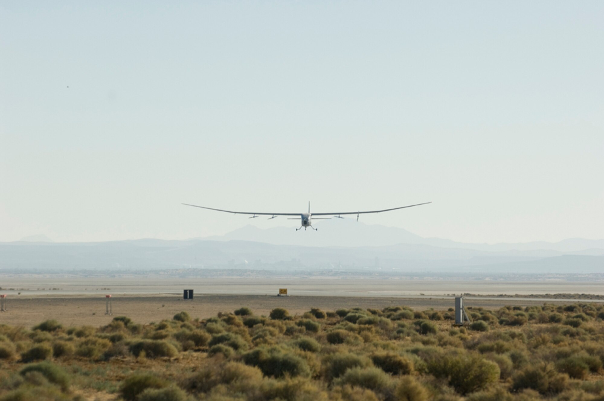 AeroVironment Global Observer makes its first flight Aug. 5.  Global Observer Aircraft 1001 took off from runway 04L at Edwards Air Force Base and climbed to an altitude of 4,000 feet where it performed a series of maneuvers before landing successfully one hour later. (photo by Kevin North)