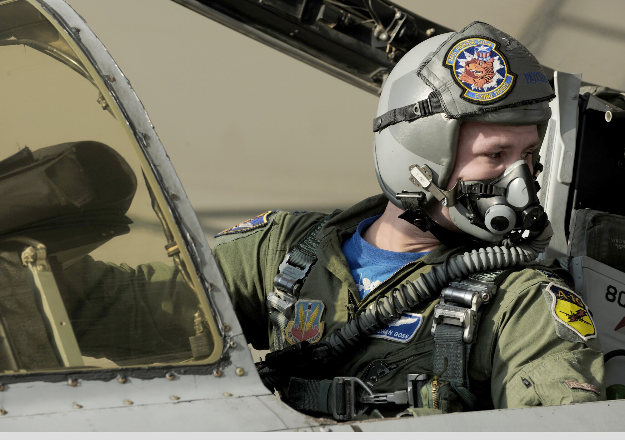 Capt. Brendhan Goss makes eye contact with his crew chief during a preflight inspection before closing the canopy on an A-10C Thunderbolt II Aug. 13, 2010, at Moody Air Force Base, Ga.  Captain Goss is an instructor pilot with the 74th Fighter Squadron.  (U.S. Air Force photo/Airman 1st Class Benjamin Wiseman)