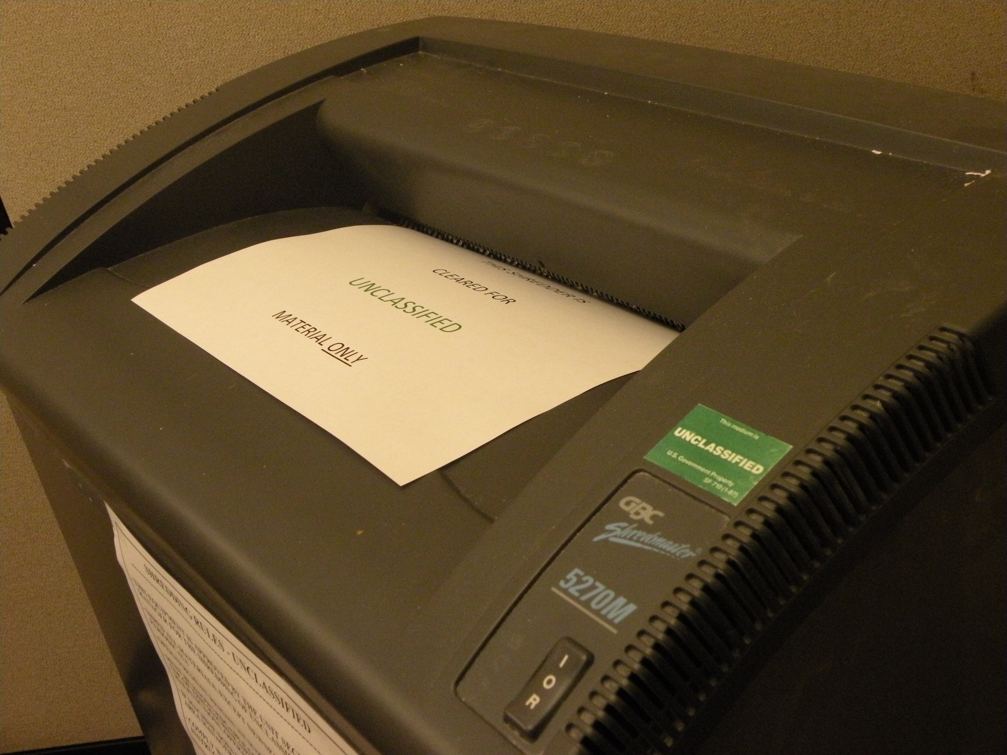 Team Schriever personnel must put the properly classified material into the correct shredder to maintain security levels and prevent classified information from leaking out. Schriever personnel are required to uphold a 100 percent shred policy. (USAF photo by/ 2nd Lt Jeffery Brown)