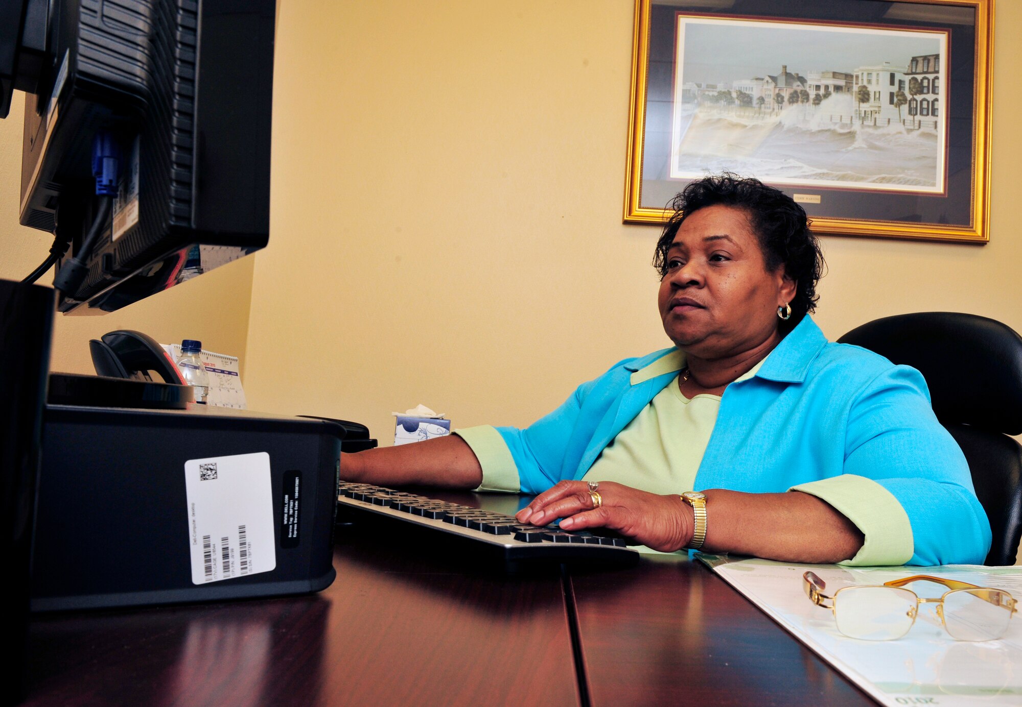 100811-F-4983M-001 SHAW AIR FORCE BASE, S.C. --  Ernestine Primus, 20th Communications Squadron telecommunications management, a Sumter, S.C. native, reached 40 years of federal service here on August 11, 2010. 
She started out working in the base hospital, then worked as a clerical typist, and finally cross trained into the telecommunications career field through the upward mobility program in 1983.  (U.S. Air Force photo/ Staff Sgt. Patrick Mitchell)