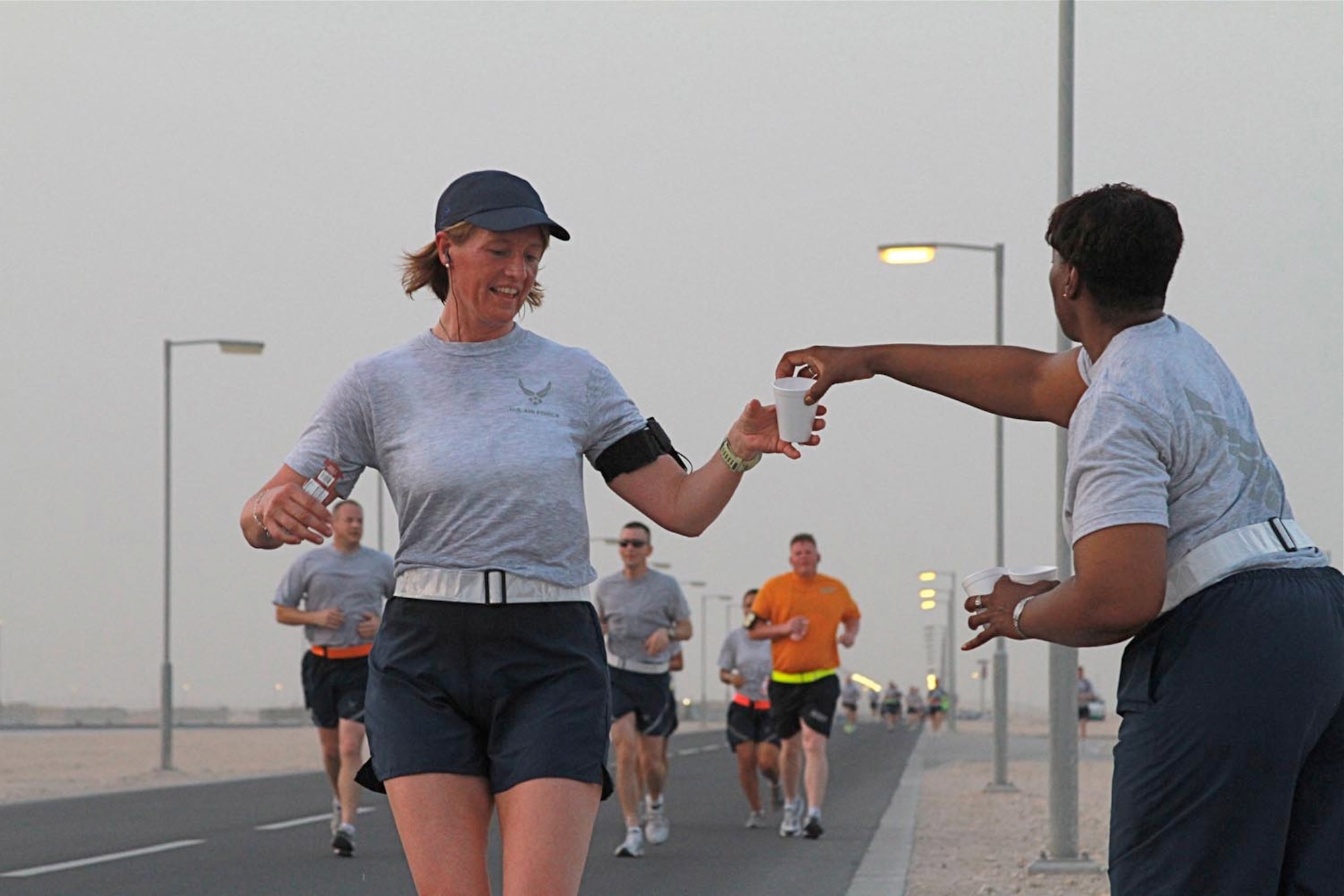 Senior Master Sgt. Deanna Criswell runs a half marathon at Al Udeid Air Base, Qatar. Criswell is the first female Air National Guard fire chief and is currently deployed as the Air Force's Forward Functional Fire Manager.