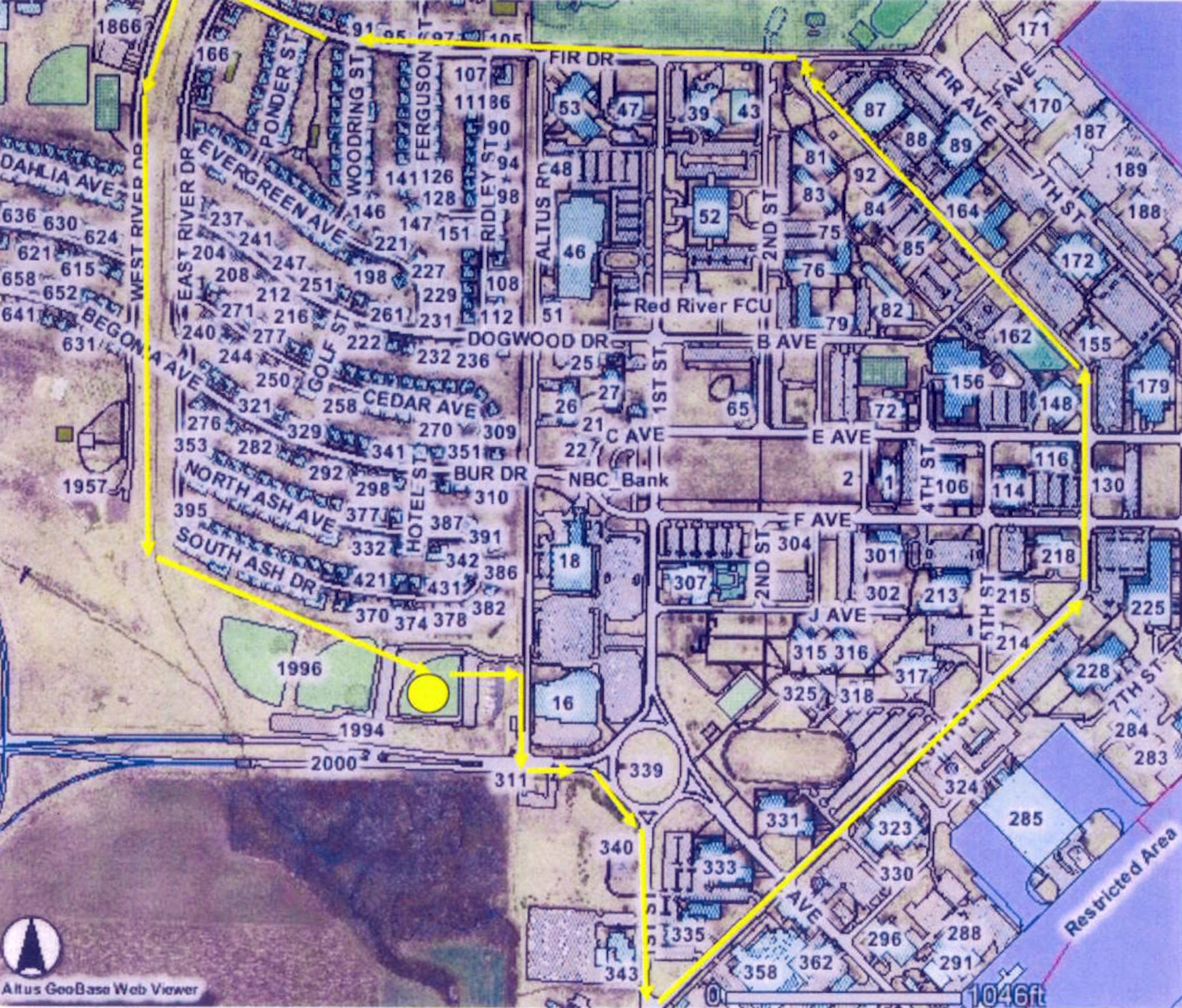 The 2010 Altus AFB Cattle Drive route. Please be aware of changes in traffic patterns starting at 9:15 a.m. for several hours on August 26. The weekend of August 27-29 includes rodeo performances and a parade through downtown Altus. Call 481-7213 for more information. (U.S. Air Force graphic / Released 97th Air Mobility Wing Public Affairs)