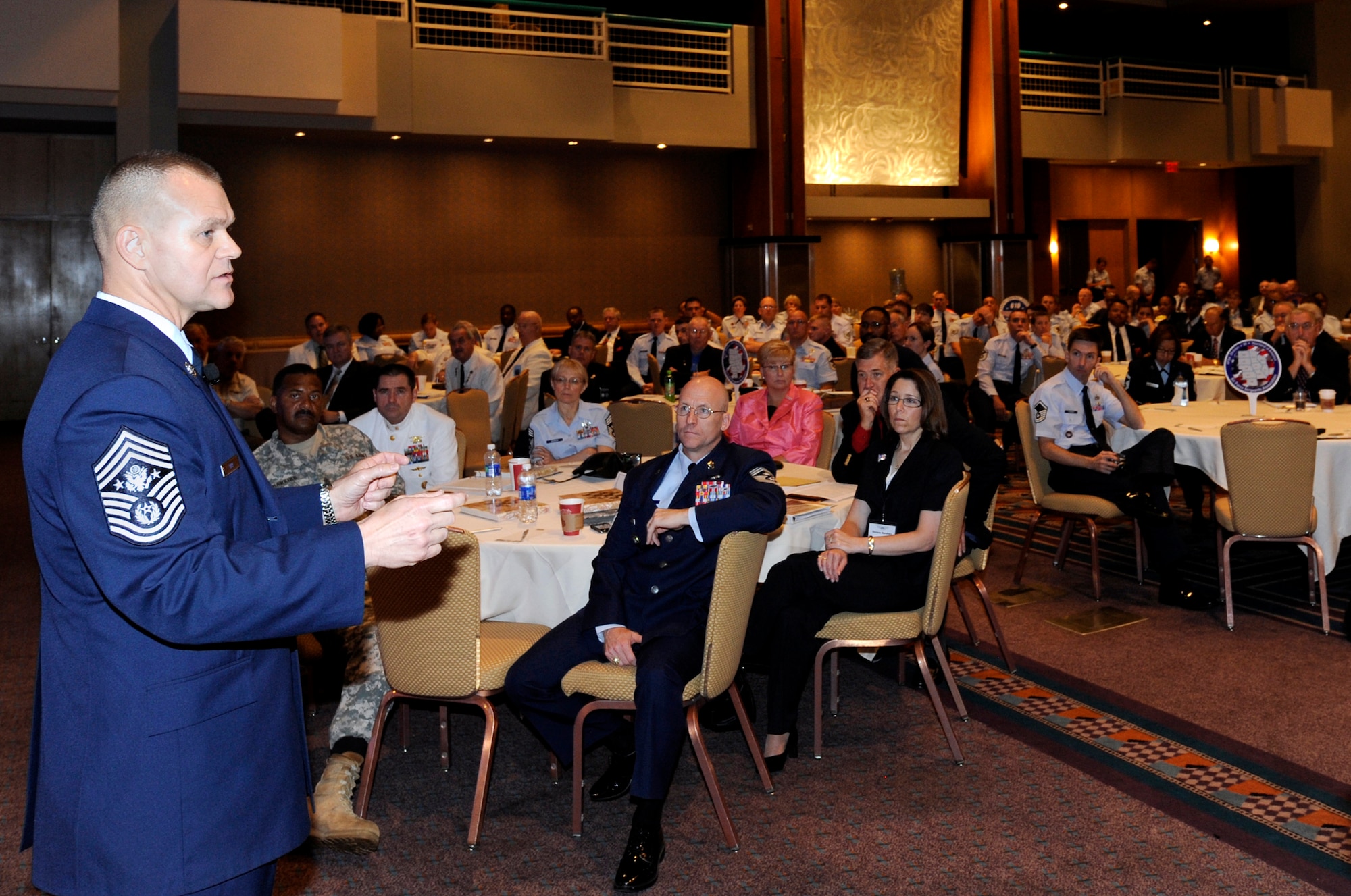 Chief Master Sgt.of the Air Force James Roy responds to questions from Airmen attending the Air Force Sergeants Association Professional Airmen's Conference Aug. 17, 2010, in Atlanta. Some of his key points were joint/coalition readiness, deliberate development and resiliency among Airmen and their families.  (U.S. Air Force photo/Scott M. Ash)