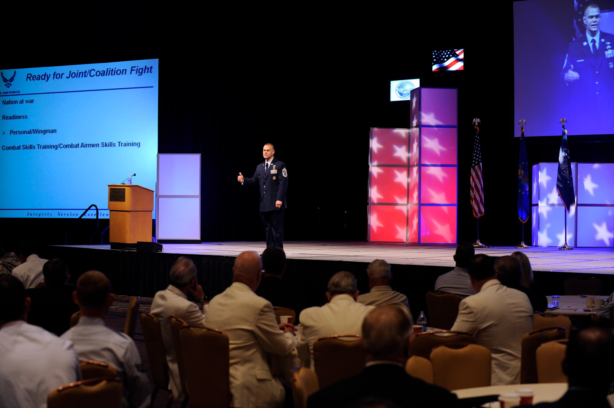 Chief Master Sgt. of the Air Force James Roy speaks to an audience of hundreds attending the Air Force Sergeants Association Professional Airmen's Conference Aug. 17, 2010, in Atlanta. Some of his key points were joint/coalition readiness, deliberate development and resiliency among Airmen and their families. (U.S. Air Force photo/Scott M. Ash)