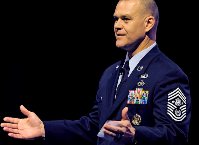 Chief Master Sgt. of the Air Force James Roy speaks to an audience of hundreds attending the Air Force Sergeants Association Professional Airmen's Conference  Aug. 17, 2010, in Atlanta. Some of his key points were joint/coalition readiness, deliberate development and resiliency among Airmen and their families. (U.S. Air Force photo/Scott M. Ash)