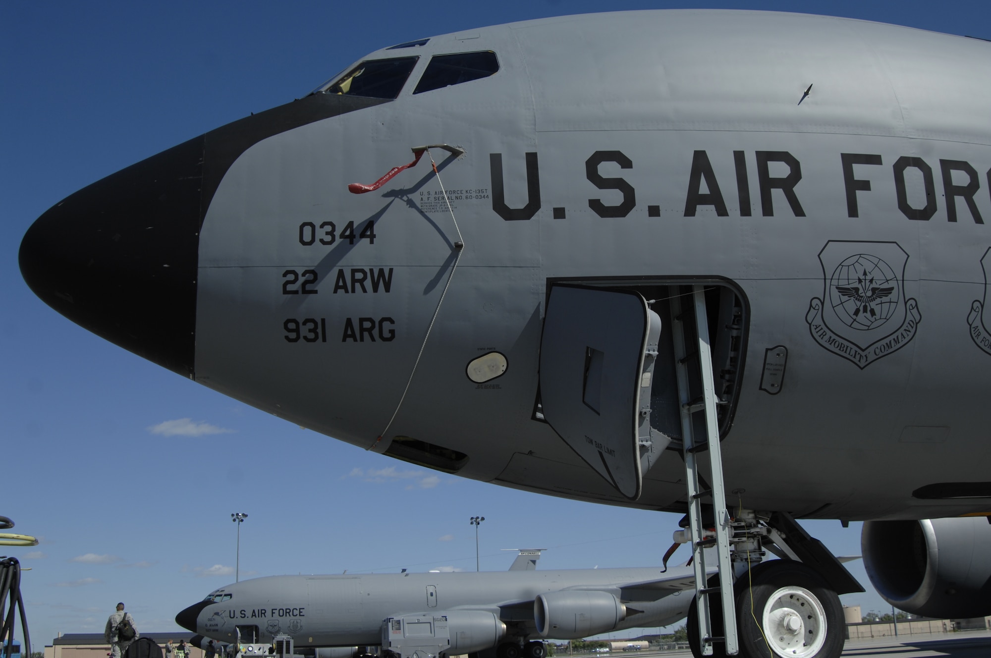A KC-135 Stratotanker sits on the flightline after transporting a group of McConnell Airmen to Grand Forks Air Force Base, Aug. 16, 2010.  Four of McConnell's 63 KC-135s were utilized during a historical operational readiness exercise that required forward deploying McConnell Airmen to Grand Forks. (U.S. Air Force photo/Senior Airman Abigail Klein)