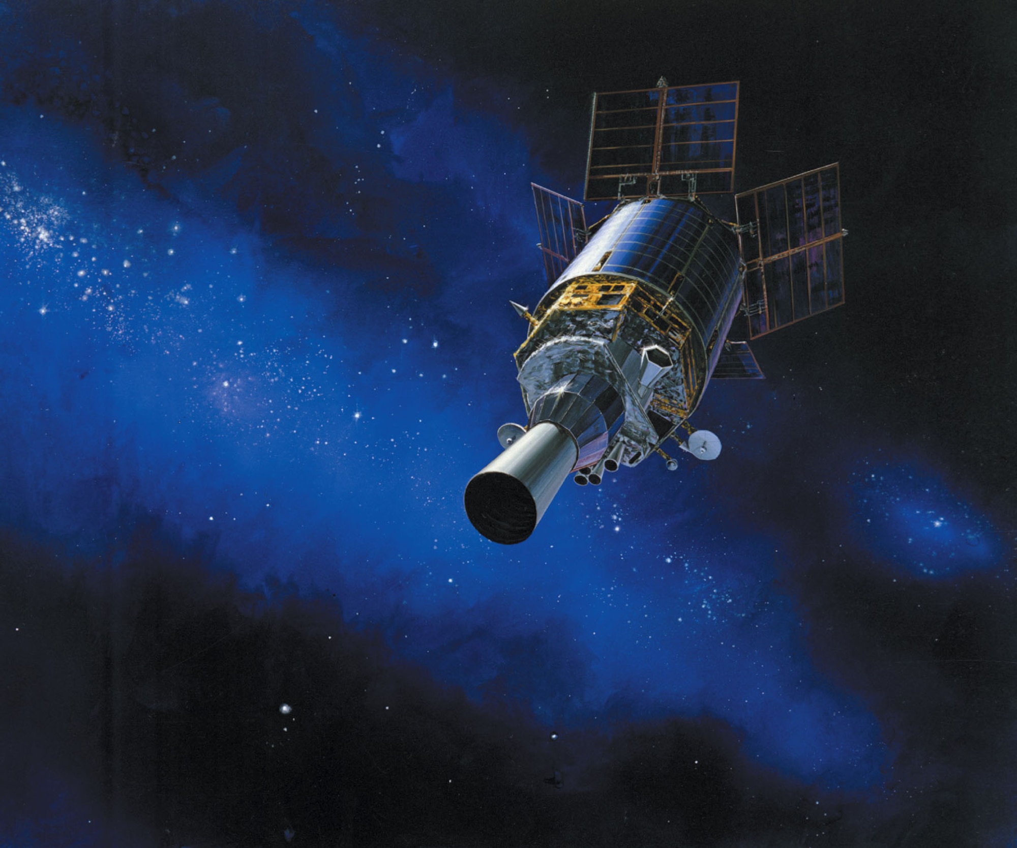 Artist rendering of a Defense Support Program (DSP) satellite in orbit. (Photo courtesy of Northrop Grumman)