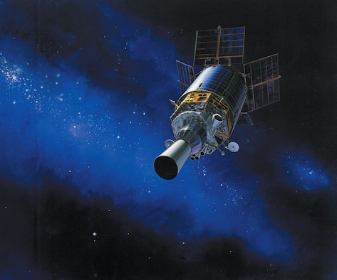 Artist rendering of a Defense Support Program (DSP) satellite in orbit. (Photo courtesy of Northrop Grumman)