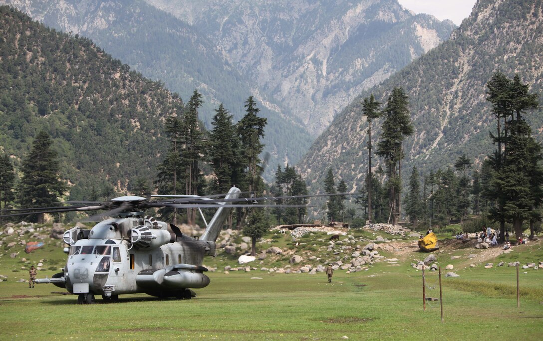 Marine Corps Super Stallion helicopters take off from Ghazi aviation base during humanitarian relief efforts in the Khyber-Pakhtunkhwa province, Pakistan(formerly known as the Northwest Frontier province, Pakistan).