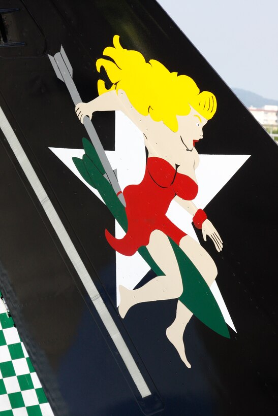 Bombing Betty is emblazed onto the stabs of the Marine All-Weather Fighter Attack Squadron 121 flag plane. Bombing Betty was a mascot the squadron used around World War II.