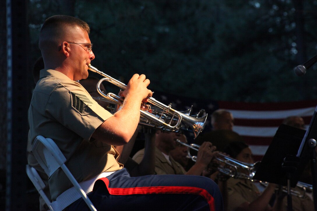 Sergeant John Skaggs, a trumpet player with the Combat Center Band, performs at the 11th annual Summer Concert series in Idyllwild, Calif., Aug. 19.