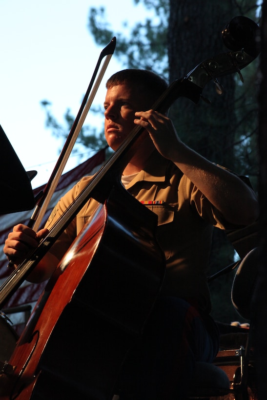 Corporal Andrew Gerlach, bass player for the Combat Center Band, performs for approximately 1,500 Idyllwild, Calif., residents as a part of the town’s 11th annual Summer Concert series, at the Idyllwild Community Center, Aug. 19.