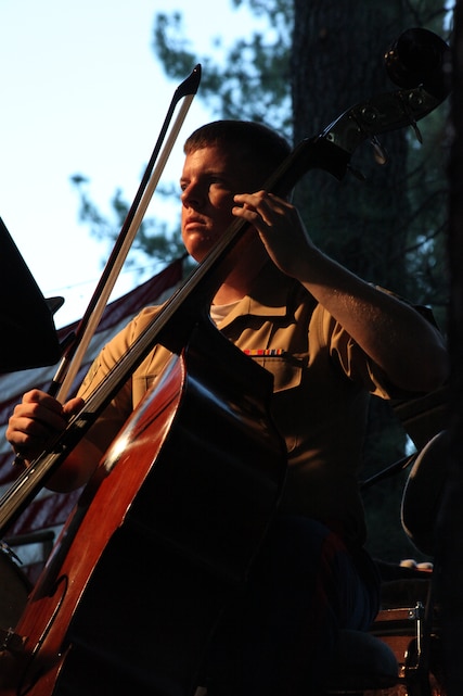 Corporal Andrew Gerlach, bass player for the Combat Center Band, performs for approximately 1,500 Idyllwild, Calif., residents as a part of the town’s 11th annual Summer Concert series, at the Idyllwild Community Center, Aug. 19.