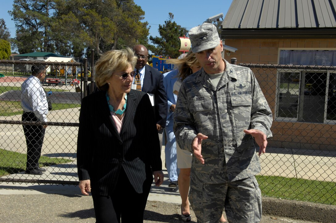 VANDENBERG AIR FORCE BASE, Calif. – Col. Richard Boltz, 30th Space Wing commander, talks with U.S. Sen. Barbara Boxer following a groundbreaking ceremony Wednesday, Aug. 18, 2010, for a new Child Development Center here. Construction on the new CDC is scheduled to begin in September. (U.S. Air Force photo/Airman 1st Class Lael Huss)