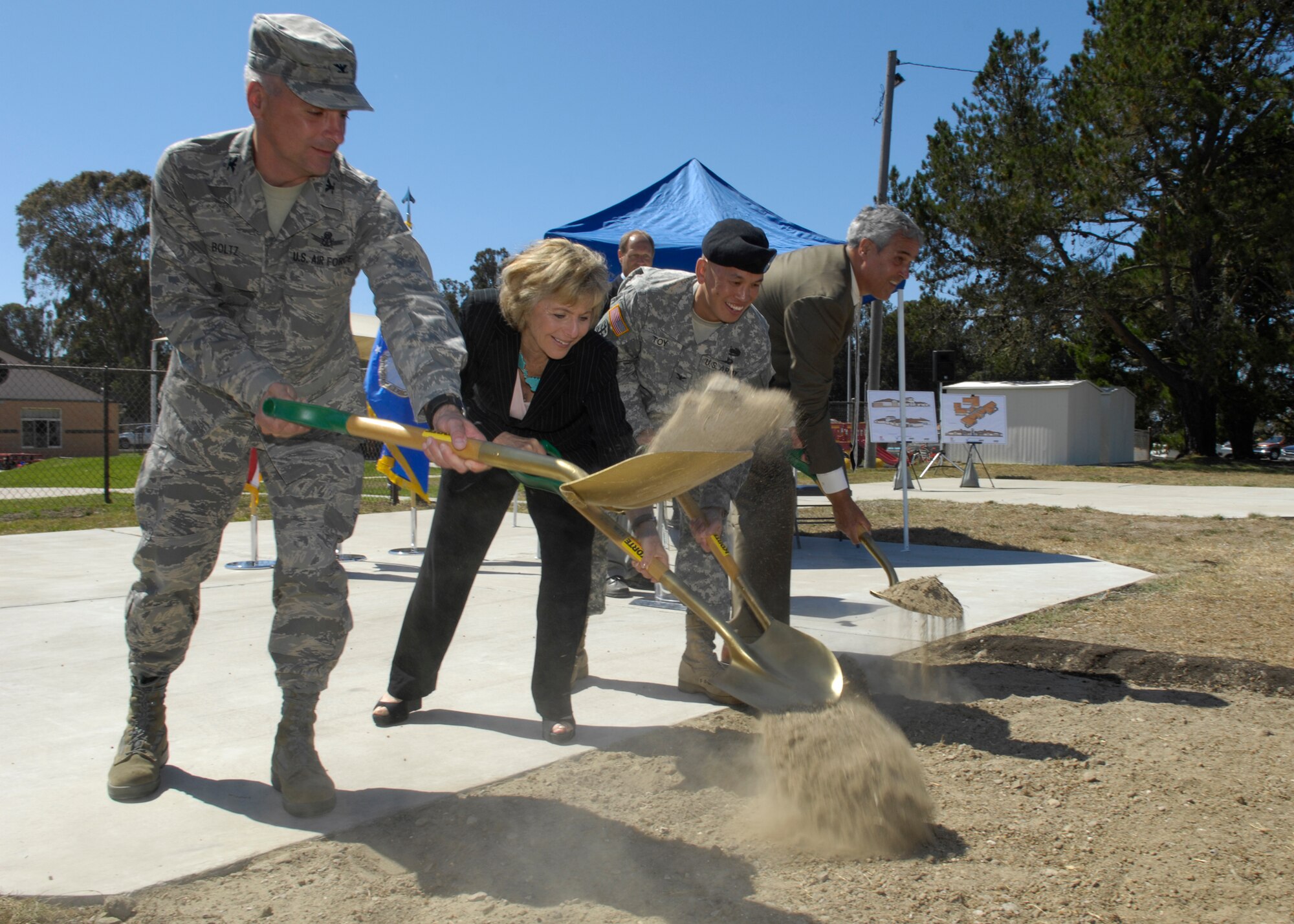 VANDENBERG AIR FORCE BASE, Calif. – Signaling the start for the construction of a new Child Development Center, Col. Richard Boltz, 30th Space Wing commander, U.S. Sen. Barbara Boxer, Col. R. Mark Toy, U.S. Army Corps of Engineers Los Angeles District commander, and Ken Ostini, the 30th Force Support Squadron Family Member Program Flight chief, shovel dirt at the CDC groundbreaking ceremony here Wednesday, Aug. 18, 2010. (U.S. Air Force photo/Airman 1st Class Lael Huss)