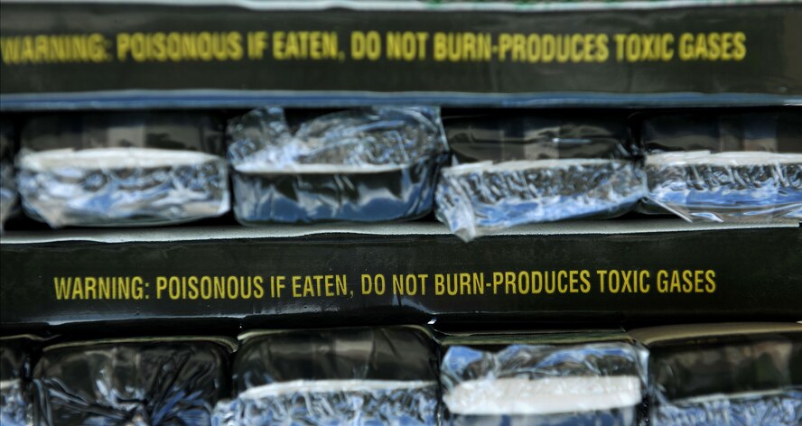 MOODY AIR FORCE BASE, Ga. -- Fifty pounds of stacked explosives sits on top of a box during training for Airmen from the 23rd Civil Engineer Squadron Explosive Ordnance Disposal flight here Aug. 16. The EOD team conducted two explosions during the training both providing them results of what to expect from different explosives. (U.S. Air Force photo/Airman 1st Class Joshua Green)
