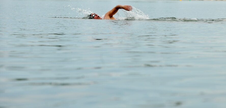 Lake Park, Ga. -- Capt. Trevor Ambron, 822nd Security Forces Squadron physician assistant from Moody Air Force Base, Ga., swims 500 meters in preparation for an upcoming triathlon event here Aug. 18. Captain Ambron travels regularly to locations in Florida and Georgia to participate in running events. (U.S. Air Force photo/Airman 1st Class Joshua Green)