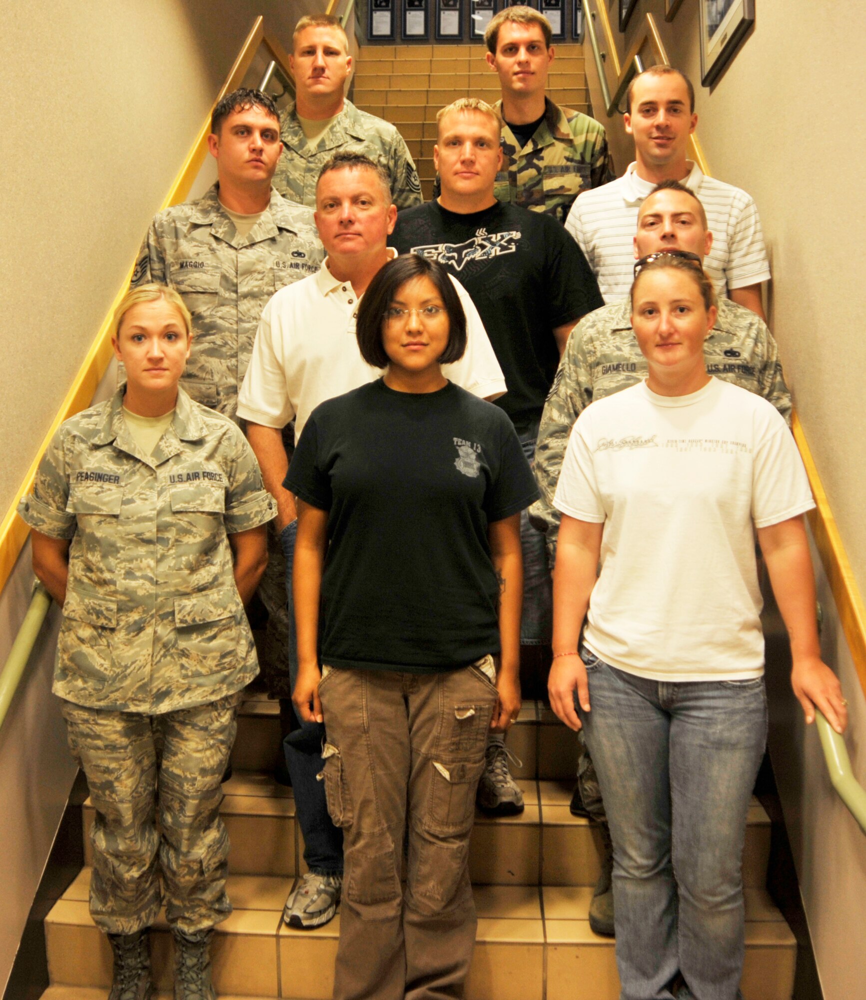 July 2010 Newcomers to the 931st Air Refueling Group. Front row: Senior Airman Carrie Peasinger, 931st Air Refueling Group Public Affairs, Airman First Class Tashina Woods, 931st Mission Support Flight, and Airman First Class Amanda Stuart, 931st MSF. Second row: Tech. Sgt. Robert Emmons, 931st Aircraft Maintenance Squadron and Tech. Sgt. John Giamello, 931st AMXS. Third row: Staff Sgt. Anthony Maggio, 931st AMXS, Senior Airman Justin Abernathy, 931st AMXS and Staff Sgt. Joseph Schubert, 18th Air Refueling Squadron. Fourth row: Tech. Sgt. John Noel, 931st AMXS and Airman First Class Joshua Wellhousen, 931st AMXS. (Photo by Capt. Tim Wade/U.S. Air Force)