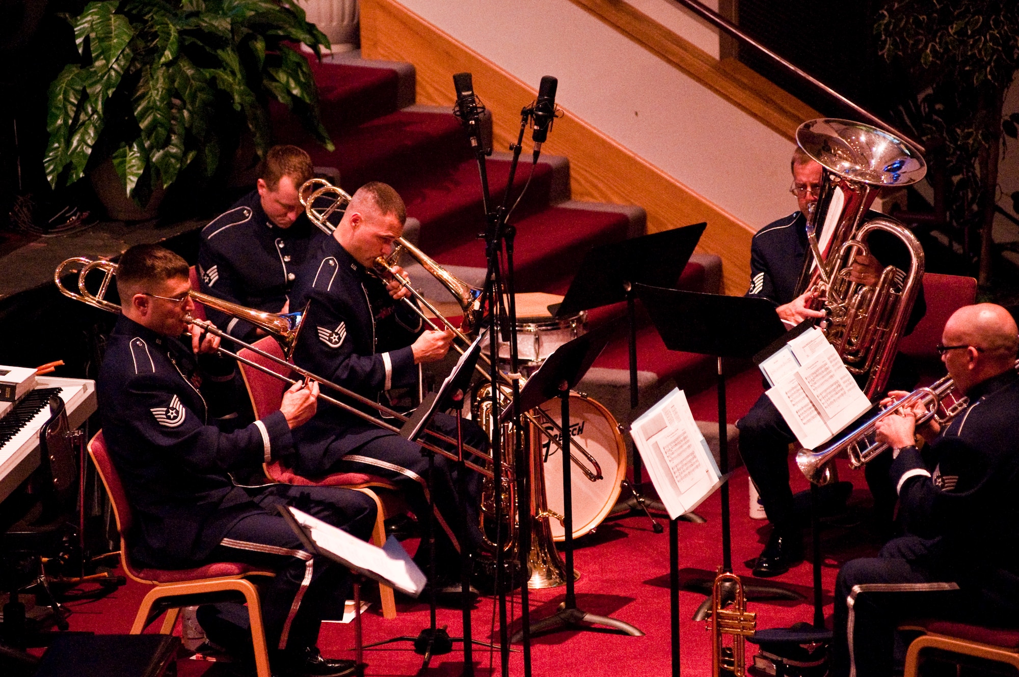 ANCHORAGE, Alaska -- The Alaska Brass from the U.S. Air Force Band of the Pacific plays before the beginning of former Senator Ted Stevens' funeral service Aug. 18. People from the Anchorage and military community along with many political dignitaries attended the late senator's service. (Photo by Airman 1st Class Christopher Gross/JBER PAO)