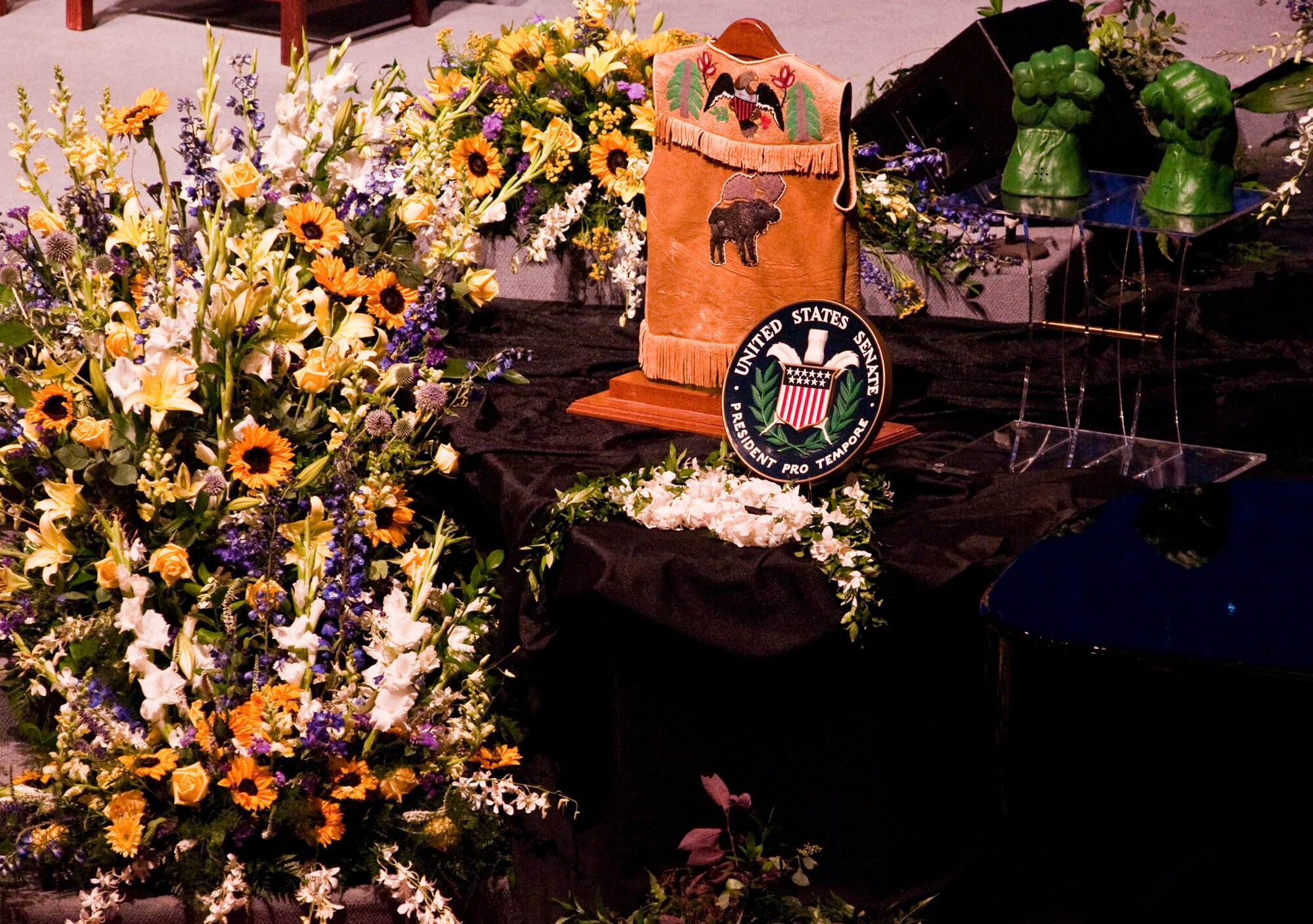 ANCHORAGE, Alaska -- Some memorabilia from former Senator Ted Stevens sits on display Aug. 18. People from the Anchorage and military community along with many political dignitaries attended the late senator's service. (Photo by Airman 1st Class Christopher Gross/JBER PAO)