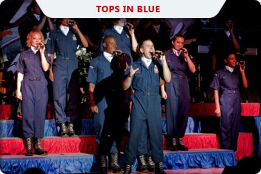 Members of Tops In Blue, the U.S. Air Force's premier expeditionary entertainment group, perform for Airmen assigned to the 386th Air Expeditionary Wing at an undisclosed air base July 17. (U.S. Air Force photo by Maj. Dale Greer) 