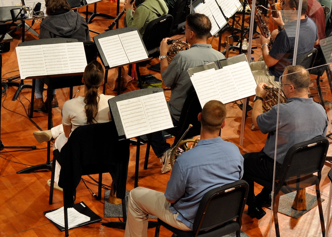 The horn section during the second day of the concert band recording session on August 8, 2010.