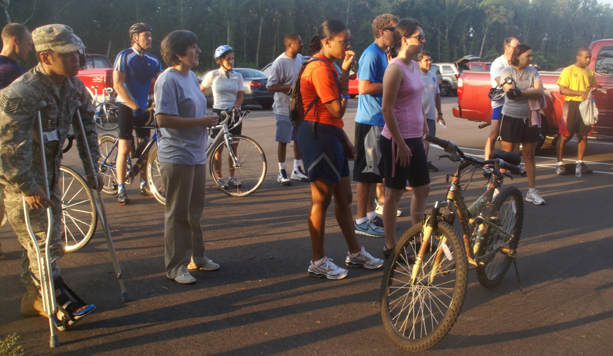 Riders, AFSA volunteers and supporters listen as AEDC Commander Col. Michael Panarisi, who also participated in the bike-a-thon, gives a ‘pep’ talk to all those taking part in the fundraising event before they begin their journey from the base Fitness Center. 