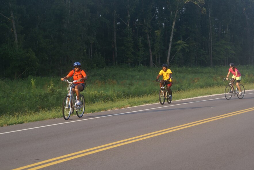 From left, 2nd Lt. Charmeeka Scroggins, test project Manager at the Propulsion Wind Tunnel Ground Test Complex, said she rode 25 miles that day. Behind her were 1st Lt. Tony Brunson, who also biked 25 miles, and Airman 1st Class Tara Kindermann, a financial services technician in AEDC’s Finance Office. 
