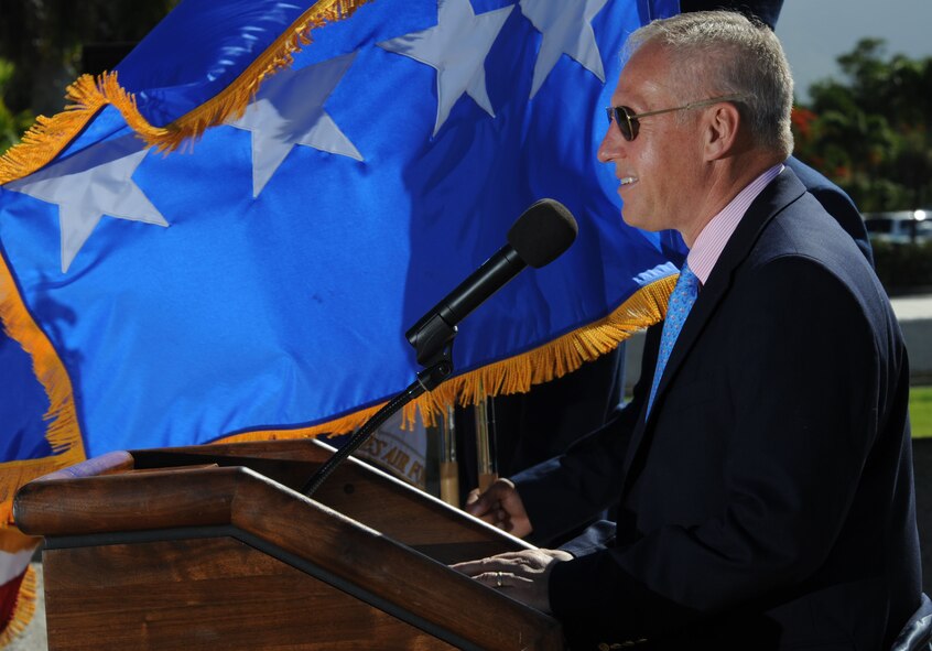 Retired Air Force General Bruce Carlson, Director, National Reconnaissance Office speaks to attendees of a plaque dedication ceremony commemorating the 50th anniversary of the "Catch a Falling Star" mission Aug. 19 at Joint Base Pearl Harbor Hickam, Hawaii.  The 6549th Test Group and 6593rd Test Squadron were responsible for the recovery of re-entry capsules in support of the National Reconnaissance Office's Corona program. (U.S. Air Force photo by Staff Sgt. Nathan Allen)