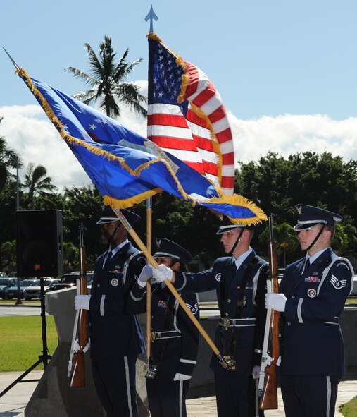 The Hickam Honor Guard present the colors during a plaque dedication ceremony commemorating the 50th anniversary of the "Catch a Falling Star" mission Aug. 19 at Joint Base Pearl Harbor-Hickam, Hawaii.  The 6549th Test Group and 6593rd Test Squadron were responsible for the recovery of re-entry capsules in support of the National Reconnaissance Office's Corona program. (U.S. Air Force photo by Staff Sgt. Nathan Allen)