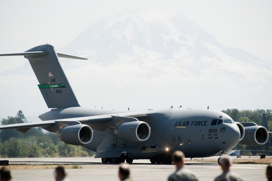 A C-17 Globemaster III taxis on the McChord Field runway Aug. 20 upon arriving at Joint Base Lewis-McChord, Wash., as part of the newest addition to the fleet of C-17's here. (U.S. Air Force Photo/Abner Guzman)