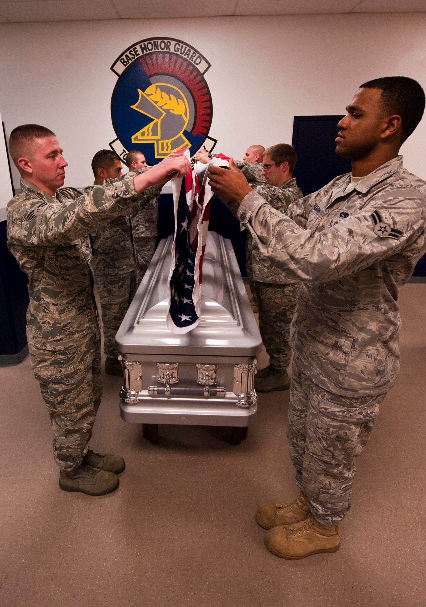 JOINT BASE ELMENDORF-RICHARDSON, Alaska -- Airman 1st Class Royce Williams practices with other members of honor guard Aug. 19 at Joint Base Elmendorf-Richardson. Airman Williams had the privilege of escorting the body of the late Alaska Sen. Ted Stevens during his viewing and memorial service Aug. 17 and 18. Airman Williams said it was an honor to have taken part in such a historic event in our nation's history. (Photo by Airman 1st Class Christopher Gross/JBER PAO)