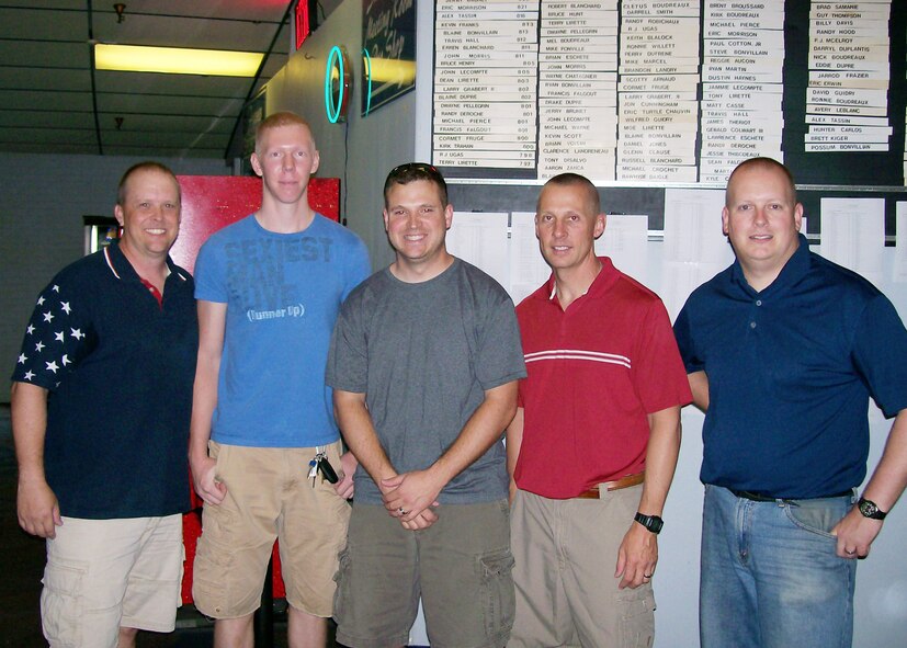 HOUMA, La. -- A five-person team from Barksdale Air Force Base, La., recently competed in the 64th Annual Louisiana State Bowling Tournament. The team finished sixth out of 383 competing teams with a total pin count of 3,466 and consisted of (left to right): Tech. Sgt. Ray Faircloth, 2d Logistics Readiness Squadron, Senior Airman Dan Shorter, 2d Operations Support Squadron, Staff Sgt. Dan Hill, 2d Maintenance Squadron, Senior Master Sgt. Rich Sutherland, 2d MXS, Tech. Sgt. Rickey Brandenburg, 2d Bomb Wing plans and programs. (courtesy photo)