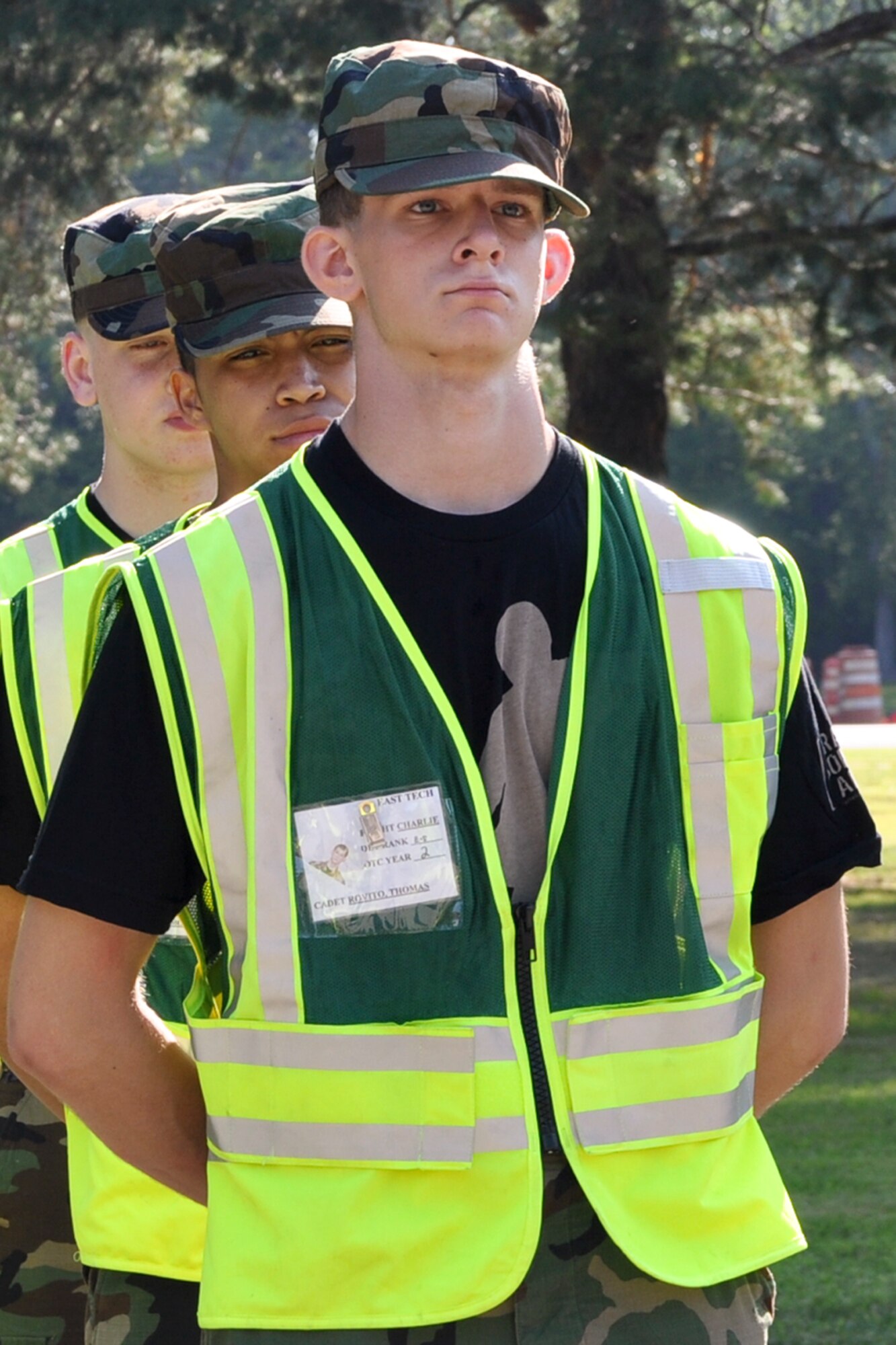 YOUNGSTOWN AIR RESERVE STATION, Ohio -- U.S. Air Force Reserve Officer Training Corp cadet Thomas Royito, a student at East Technical High School in Cleveland, stands in formation behind a lodging building here, Aug. 20, 2010. Approximately 23 JROTC cadets from Ohio high schools are participating in a 5-day encampment here to learn leadership, teamwork, respect for others and the Air Force core values. U.S. Air Force photo by Senior Airman Brenda Haines