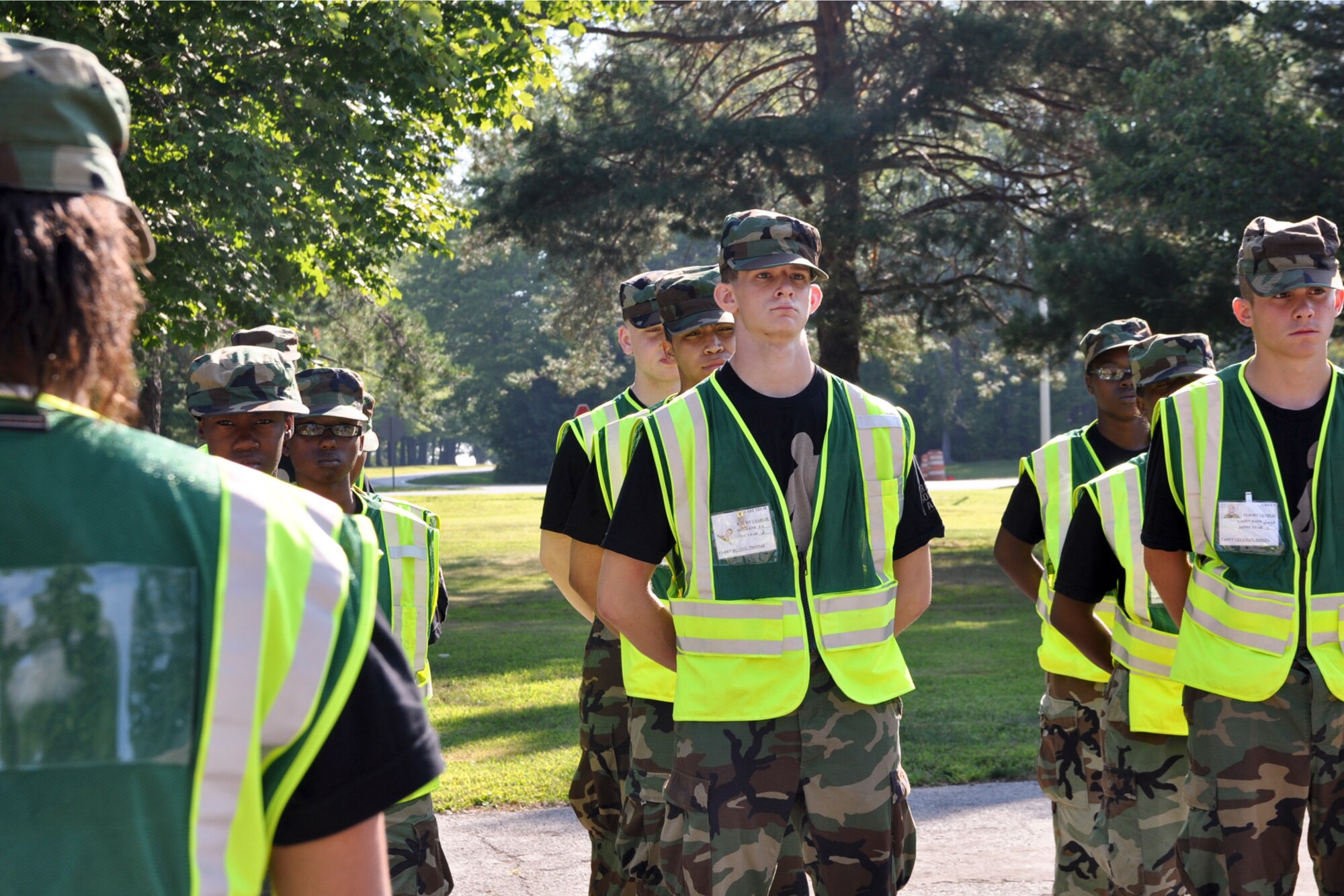 YOUNGSTOWN AIR RESERVE STATION, Ohio -- U.S. Air Force Reserve Officer Training Corp cadets stand in formation behind a lodging building here, Aug. 20, 2010. Approximately 23 JROTC cadets from three Ohio high schools are participating in a 5-day encampment here to learn leadership, teamwork, respect for others and the Air Force core values. U.S. Air Force photo by Senior Airman Brenda Haines