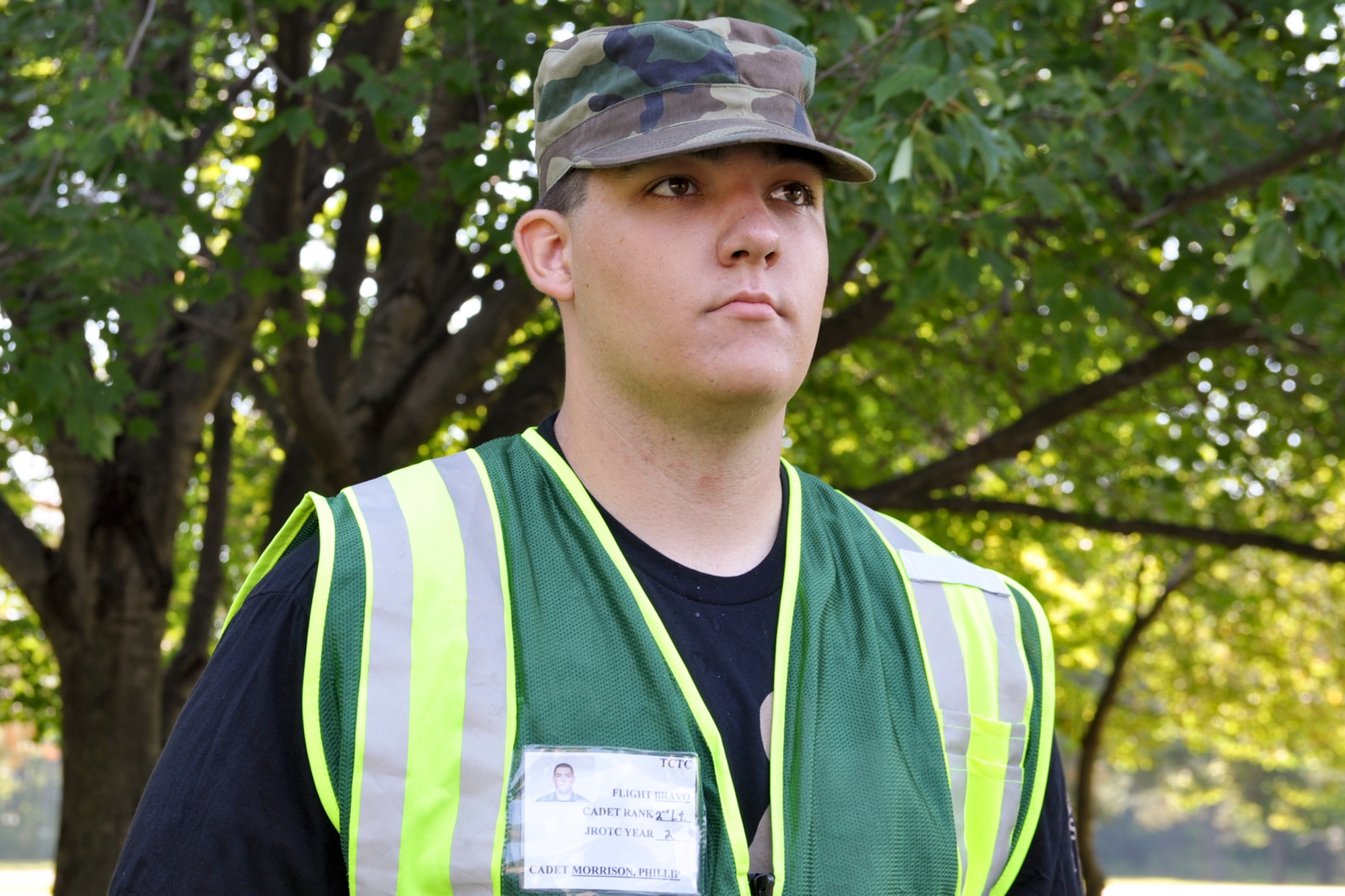 YOUNGSTOWN AIR RESERVE STATION, Ohio -- U.S. Air Force Reserve Officer Training Corp cadet Phillip Morrison, a student at Trumbull Career and Technical Center in Warren, stands at ease shortly after finishing an interview with Vindicator journalist Sean Varron behind a lodging building here, Aug. 20, 2010. Approximately 23 JROTC cadets are participating in a 5-day encampment here to learn leadership, teamwork, respect for others and the Air Force core values. U.S. Air Force photo by Senior Airman Brenda Haines