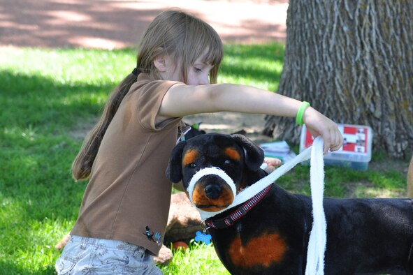 A young girl practices First Aid on a stuffed animal to understand the importance of proper animal care in the case a family pet was injured. Peterson Air Force Base held the first Dog Days of Summer Dog Walk Aug. 14 at Eagle Park, which included training demonstrations, prizes, free food and more.  (U.S. Air Force photo/Jennifer Brite)