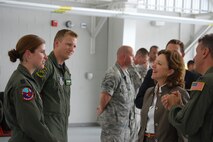 Capt. Christine McLean, 911th Air Refueling Squadron pilot, and Tech. Sgt. Jeremy Reyonlds, 77th Air Refueling Squadron boom operator, talk with Senator Kay Hagan, D-N.C., about the mission of the 916th Air Refueling Wing. (USAF photo by Ms. Donna Lea, 916ARW/PA)
