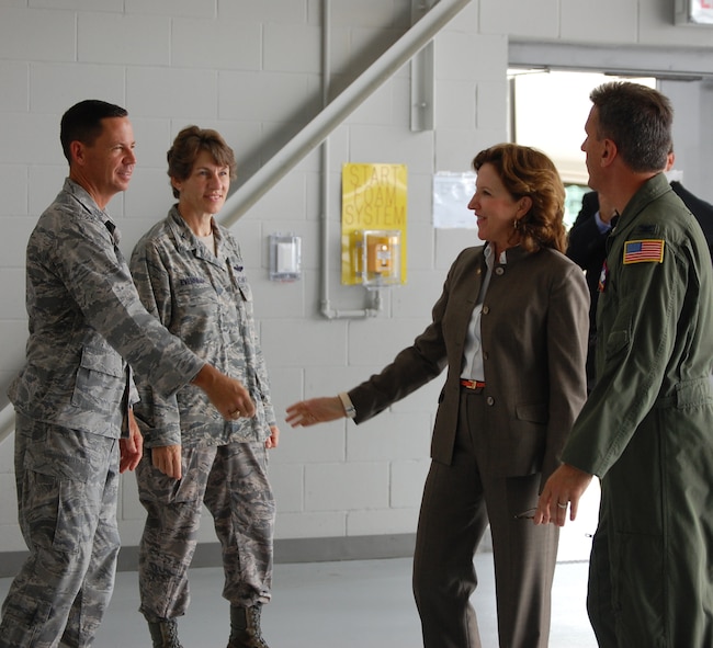 Senator Kay Hagan, D-N.C., is greeted by Col. James Hurley, 916th Mission Support Group commander and Col. Caroline Evernham, 916th Operations Group commander during a visit to Seymour Johnson on Aug. 19. (USAF photo by Ms. Donna Lea, 916ARW/PA)