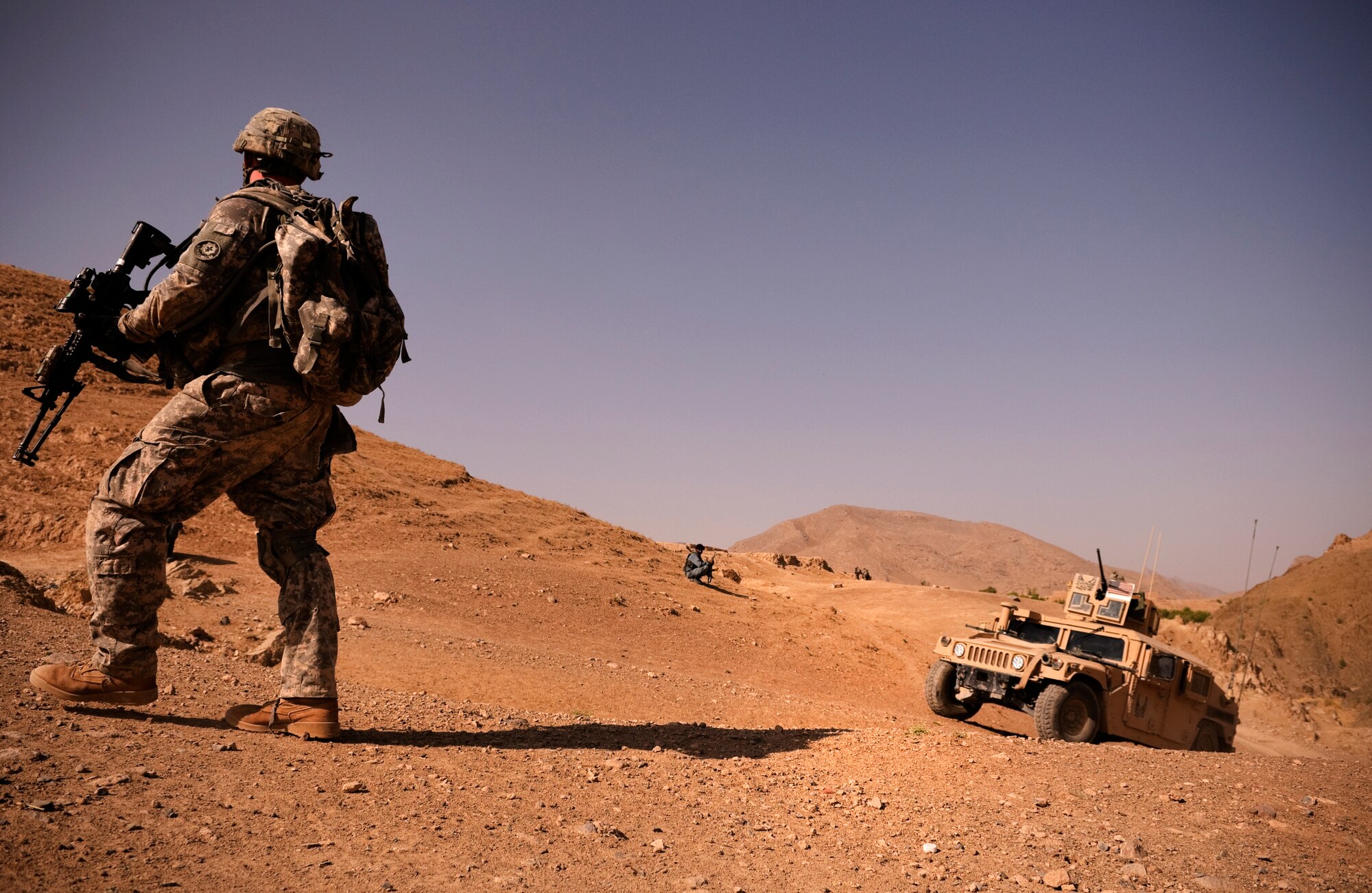 COMBAT OUTPOST MIZAN, Afghanistan - A U.S. soldier assigned to 3rd Platoon, Fox Company, 2nd Squadron, 2nd Stryker Cavalry Regiment, walks up a hill during a dismounted patrol near Combat Outpost Mizan, Mizan District, Zabul province, Aug. 19, 2010. Members of Provincial Reconstruction Team Zabul and 3rd Platoon spoke with the local population to assess their needs and inform them of the upcoming provincial parliamentary elections.  (U.S. Air Force photo/Senior Airman Nathanael Callon/Released)