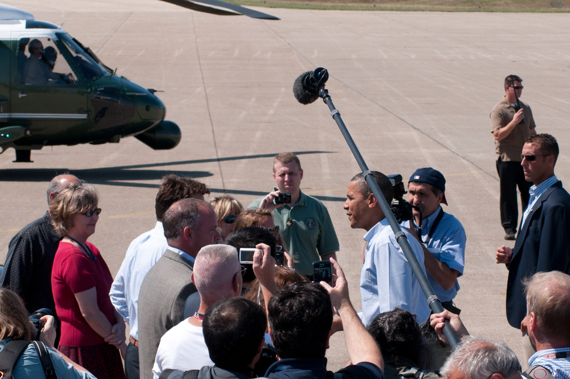 President Obama stops on Air Station Cape Cod and talks with local guests, on August 19th 2010, before boarding Marine One for a vacation  Martha's Vineyard.